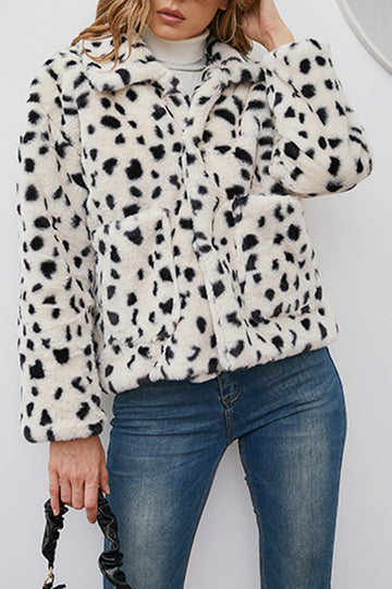 Beige Leopard Printed Faux Fur Short Shearling Coat with Pockets